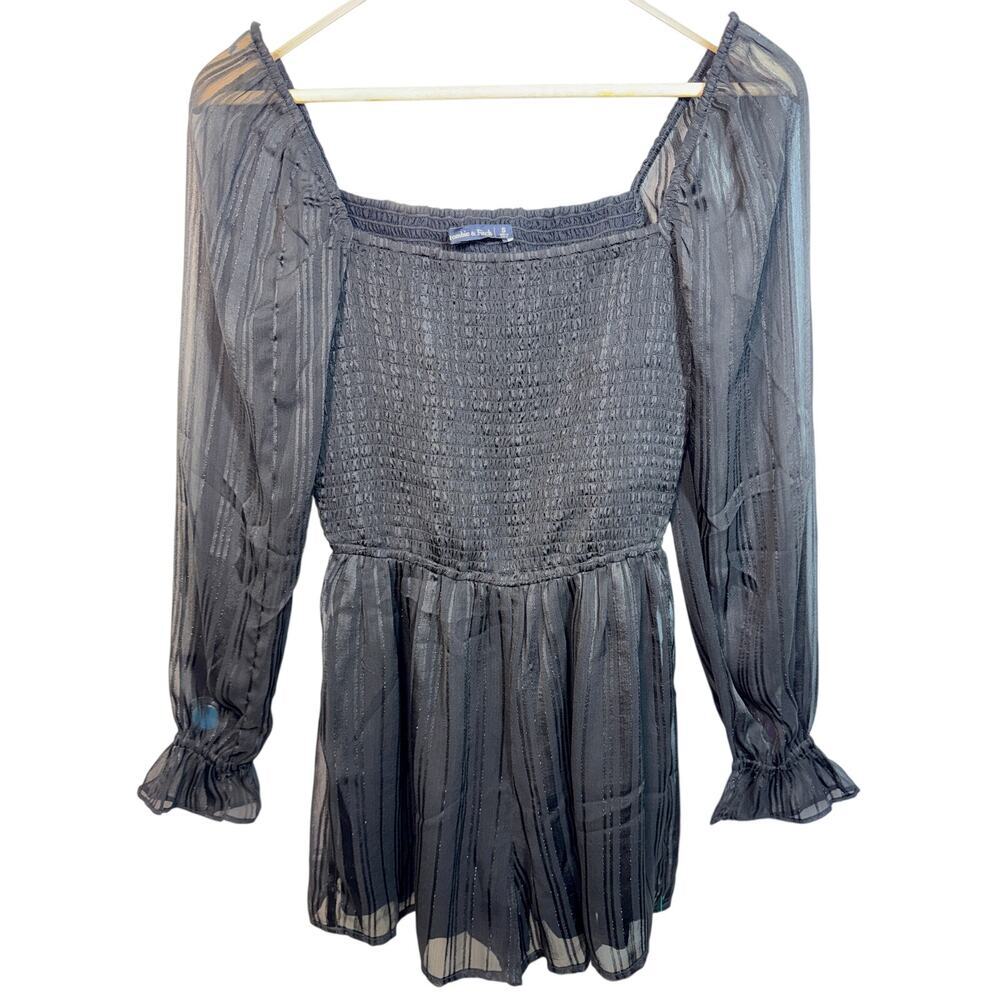 Abercrombie & Fitch Black Sheer Glitter Smocked Long Puff Sleeve Romper Womens S